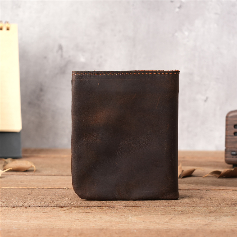 Handmade Crazy Horse Leather Wallet Vintage Vertical Zipper Money Clip - Image 3