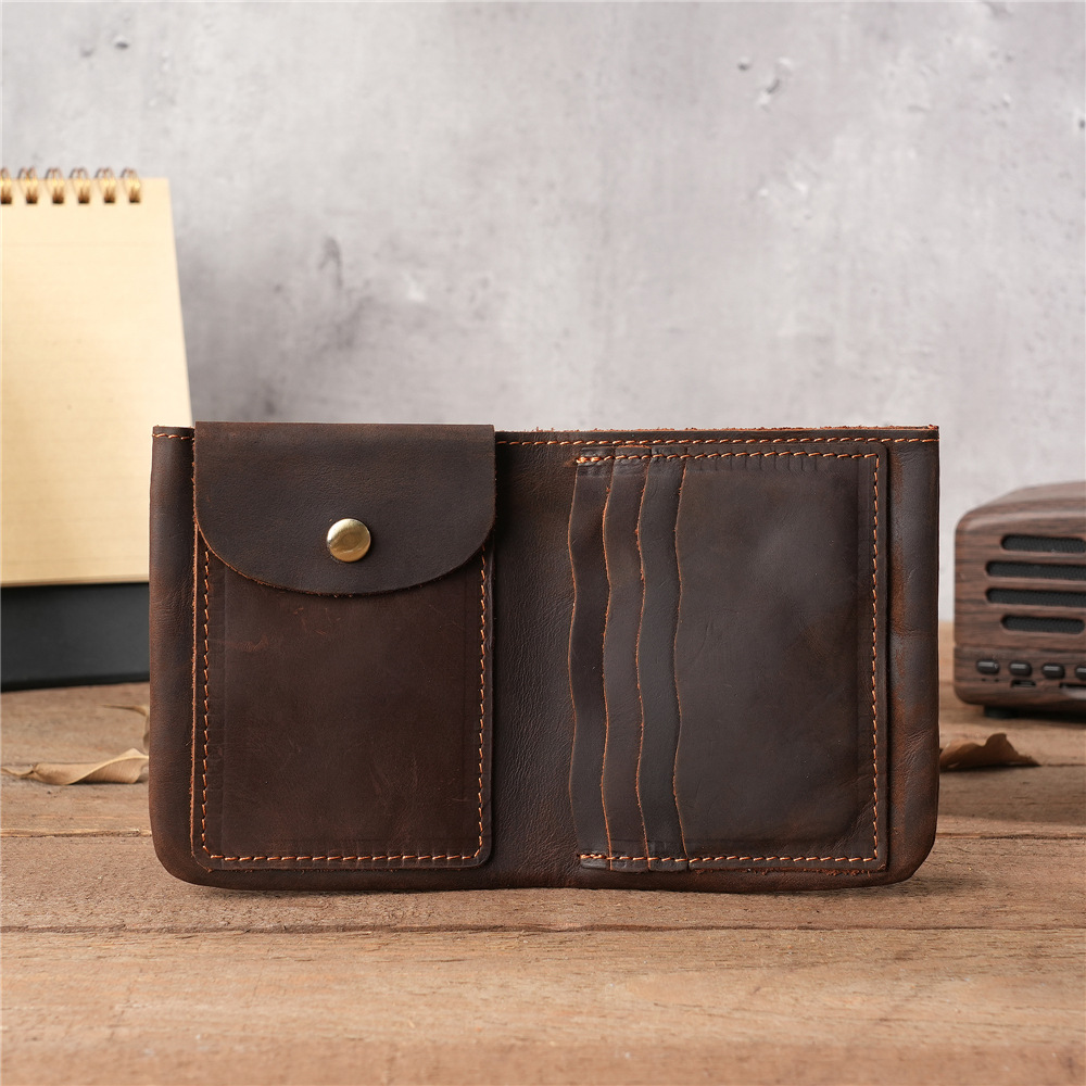 Handmade Crazy Horse Leather Wallet Vintage Vertical Zipper Money Clip - Image 4
